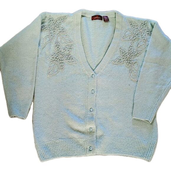 Vintage Pearl Beaded sparkle ice blue Cardigan Sz. M Silk Angora. Soft Girl - Picture 1 of 7